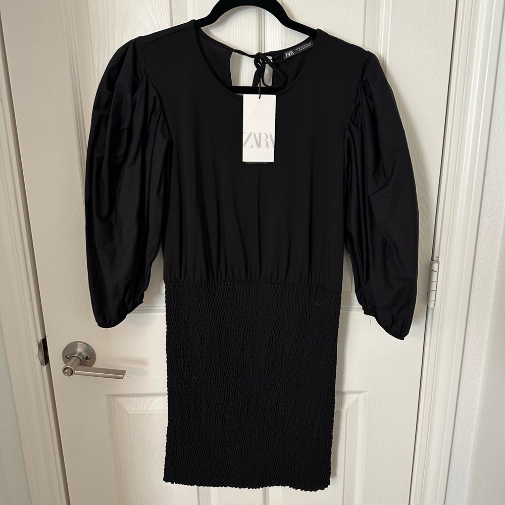 Zara smocked puff sleeve mini dress in black size M